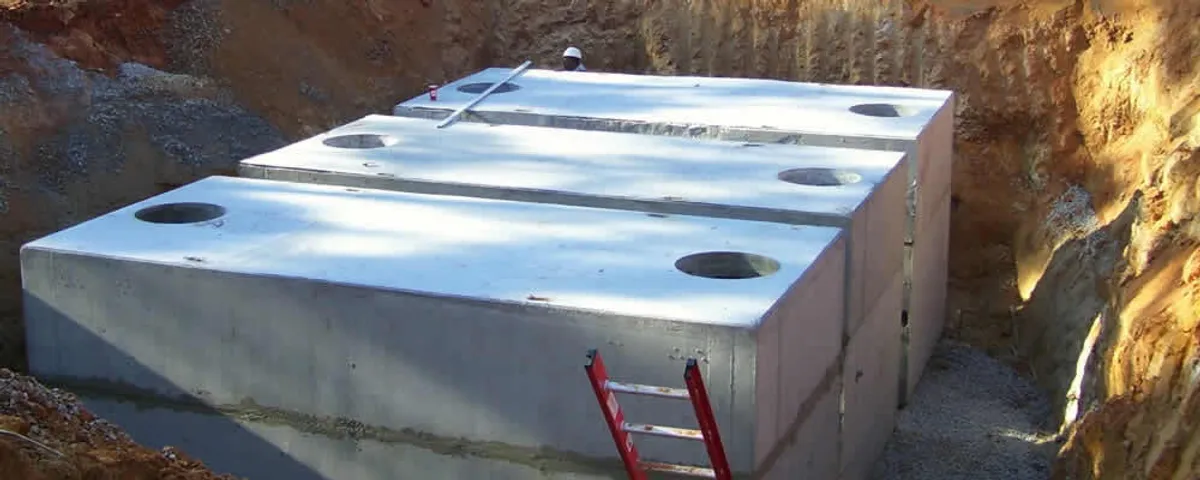 Septic tank installation site with a newly placed concrete tank in Marietta, GA
